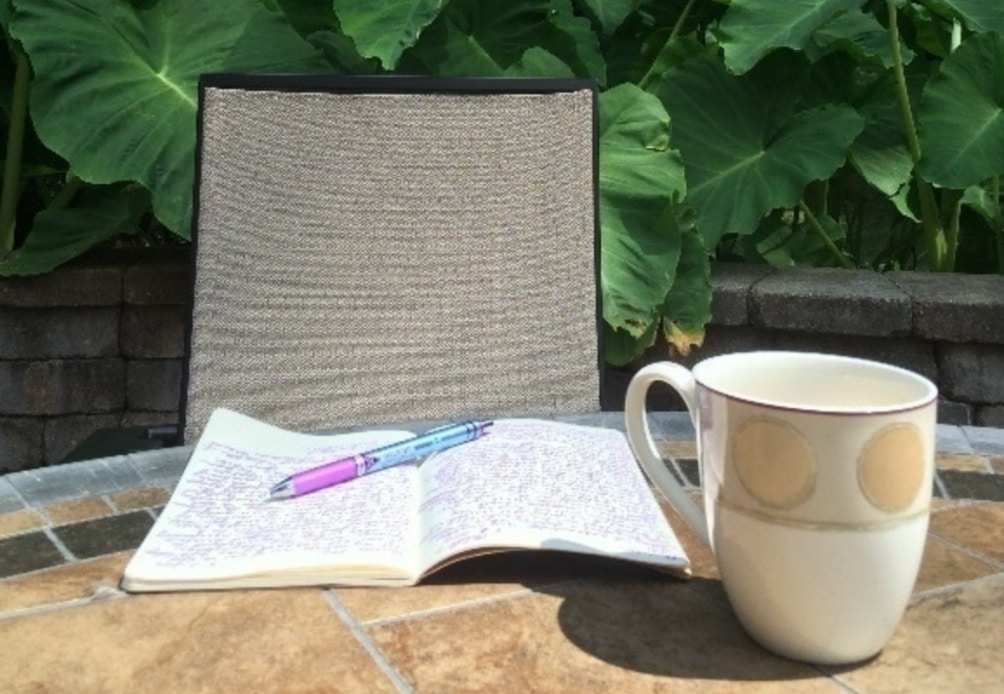 journal with coffee cup