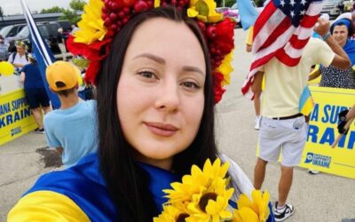 Ukrainian woman at walk to support Ukraine in Fishers, IN