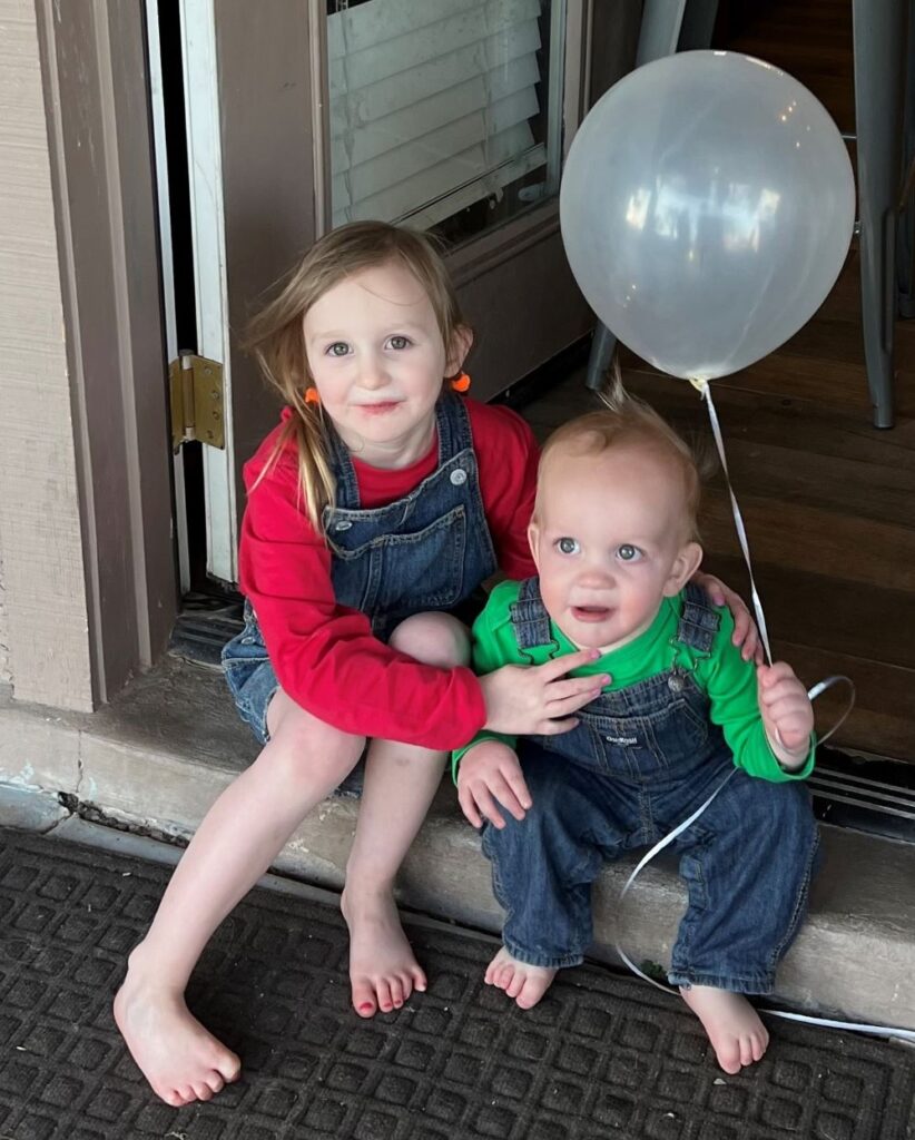 5-year-old girl and her little brother at a Mario-themed birthday party for her.