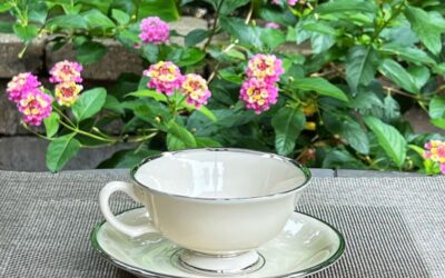 A boone china teacup surrounded by flowers.