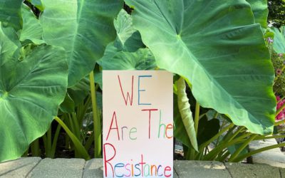 We are the resistance note sitting in between a few big leaves